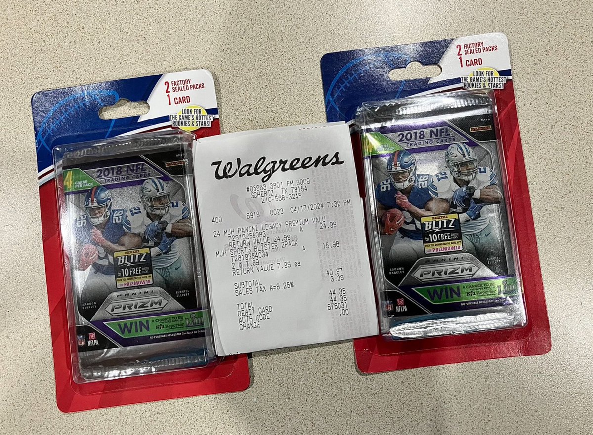 Collector @wemby210 apparently found these 2018 Panini Prizm football packs at Walgreens last week for $7.99 With 2018 being the rookie year of QBs like Josh Allen, Lamar Jackson & Baker Mayfield this pack could have cards worth as much as $300-$1,000. Time to check your local