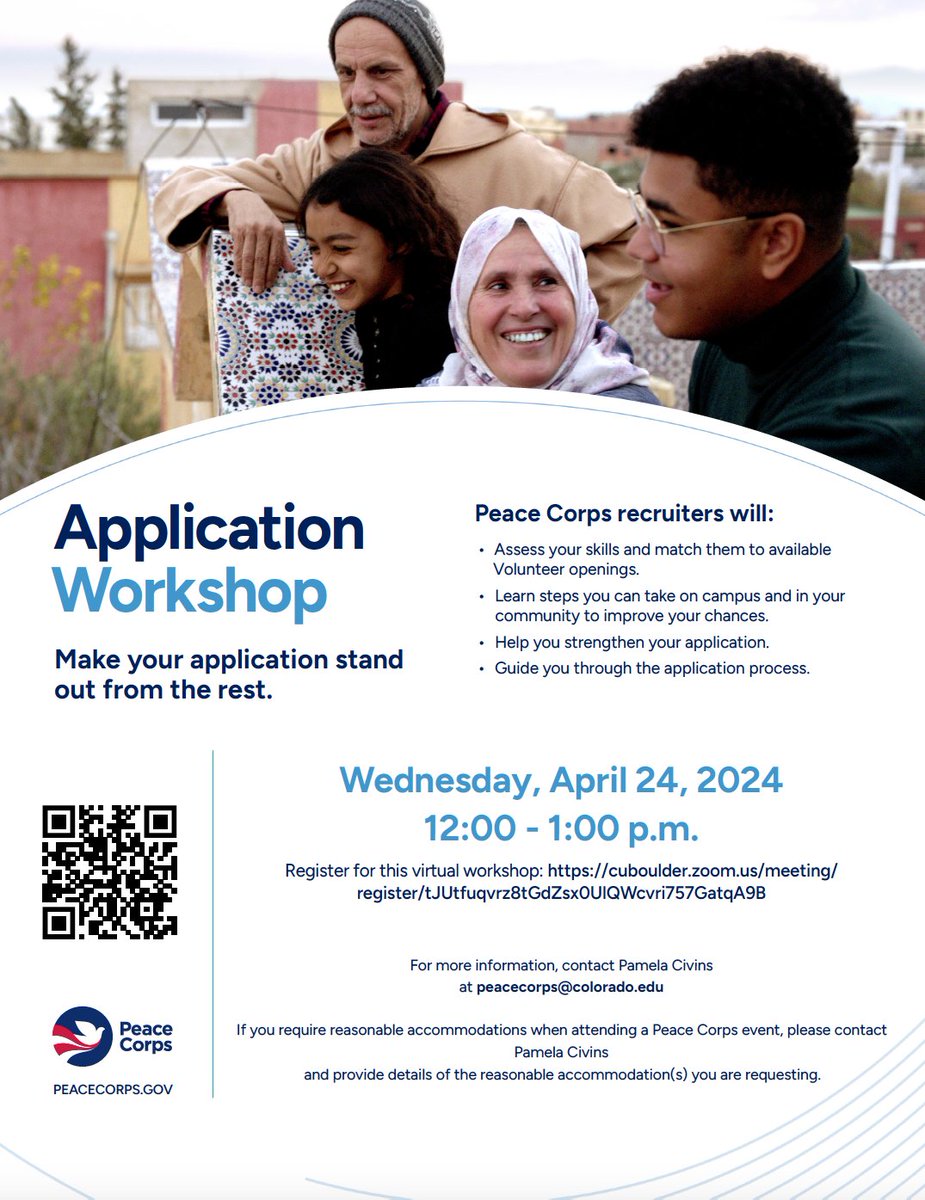CUBoulderALTEC's tweet photo. Still thinking about applying to the Peace Corps?

This workshop is designed to help you assess your skills and design your application!

Access the link or scan the QR code for more info! https://t.co/mRQcmCLqbX