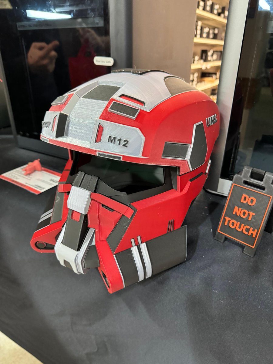 This Halo EOD helmet was 3D Printed by our Associate from our St. Davids, PA Micro Center location. Printed with Inland Black, Red, and Silver PLA+ Filament STL Designed by Galactic Armory and is available for purchase here: galacticarmory.net/products/halo-… #inlandfilament #Halo
