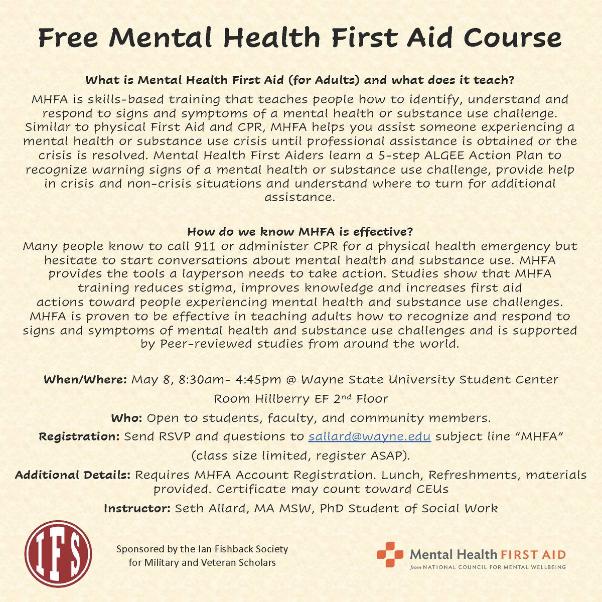 Many people know to call 911 or administer CPR for a physical health emergency but
hesitate to start conversations about mental health and substance use. MHFA
provides the tools a layperson needs to take action. Space is limited for this FREE training. bit.ly/4d9VubZ