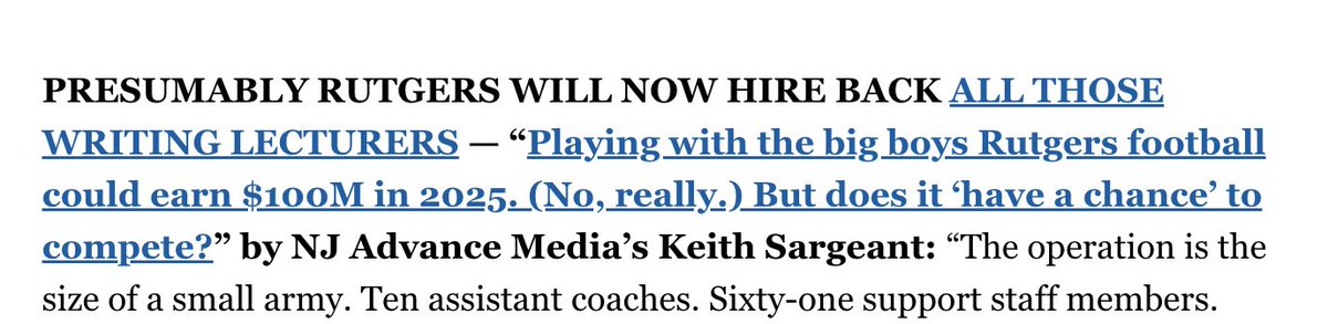ruaaup_ptl's tweet photo. Spotted in @MattFriedmanNJ's newsletter this morning 👀 #SaveRWritingProfessors @ruaaup
@RutgersU has the money to fund a fully functioning Writing Program! https://t.co/ho6uzK3jFr