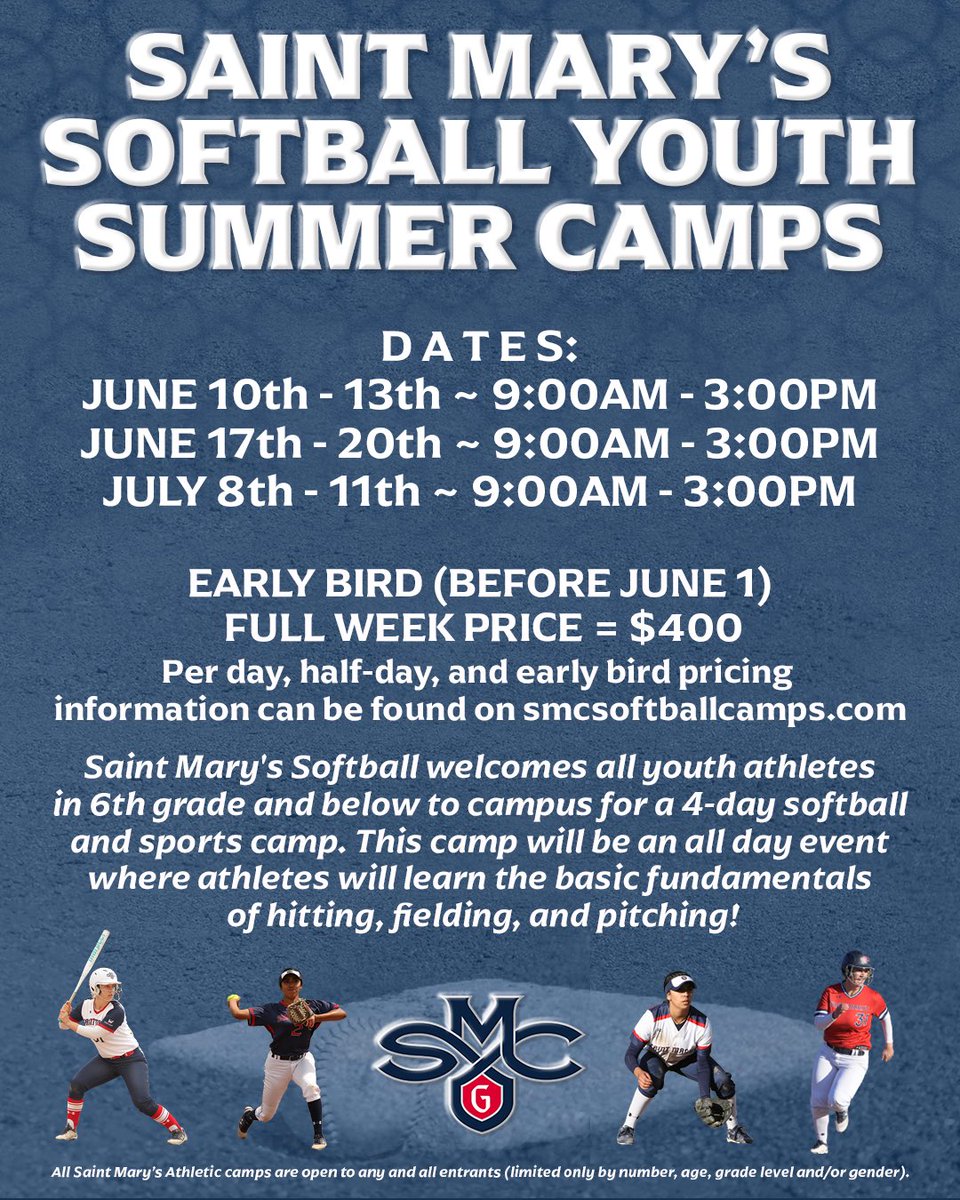 Summer is right around the corner ☀️

Join us this summer for Gael Softball Summer Camps! These four-day camps will cover all the fundamentals of the game such as hitting, fielding, and pitching. 

Don’t miss out, sign up at the link below 🔗 
smcsoftballcamps.com

#GaelsRise