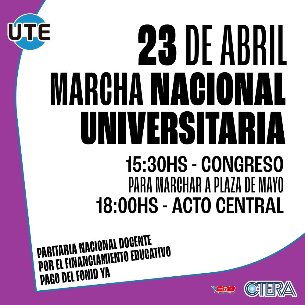 SomosISER's tweet photo. JORNADA NACIONAL DE PROTESTA
El 23 de abril Marchamos a Plaza de Mayo.
📌En Defensa de la Escuela y la Universidad Pública.
📍14:00 Cese de actividades .
📍Concentramos 15:30 hs. en el Congreso de la Nación.  En  Av. de Mayo y Saenz Peña.
📍18hs acto Plaza de Mayo. https://t.co/3Hve2VodSE