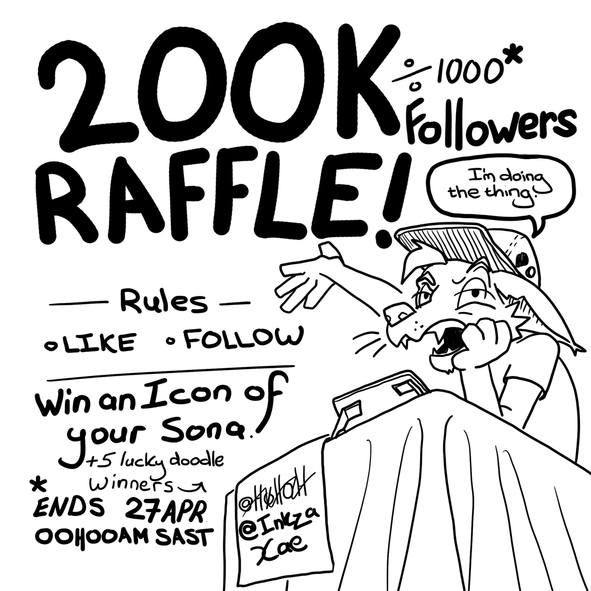 InkzaXae's tweet photo. #furrycommunity #artraffle #furryart #furry 
Smoll 200 Followers raffle.
Like and Follow to stand a chance to win a fully rendered icon of your sona.
Comment your favorite anime character to stand a chance to win a lil doodle like this one of your angsty sona. 👇 ENDS 27 APR.
TY! https://t.co/N3aGjJ1O0h