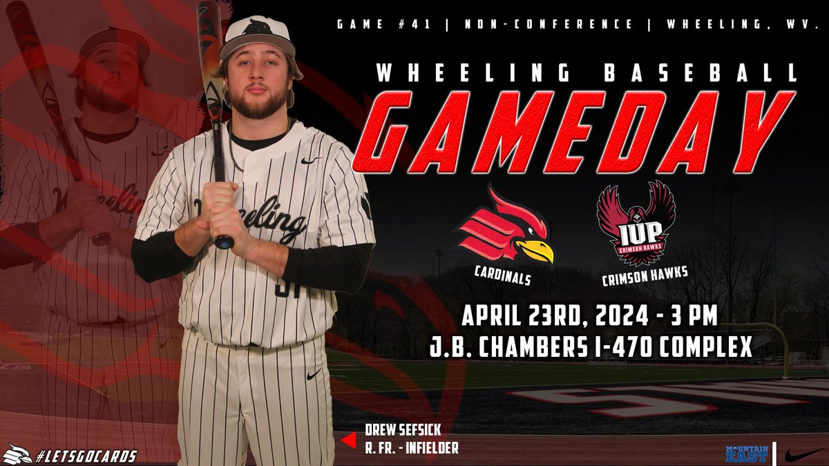 It's time for another Cardinals Gameday from the J.B. Chambers I-470 Complex! Wheeling Baseball hosts IUP in non-conference action with first pitch at 3 PM #GoCards

🎥Watch Live: mountaineast.tv/wheeling/
📈Live Stats: wucardinals.com/sidearmstats/b…