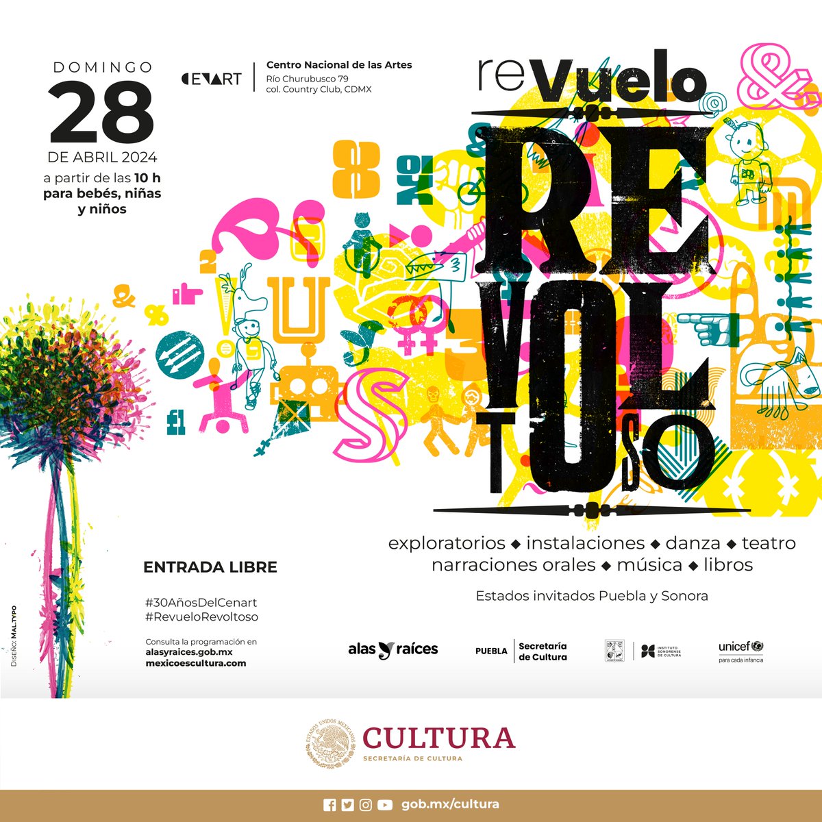 🥳📷 Celebremos los #30AñosDelCenart y los 100 años de la conmemoración del Día del niño y la niña en el festival ℝ𝕖𝕧𝕦𝕖𝕝𝕠 𝕣𝕖𝕧𝕠𝕝𝕥𝕠𝕤𝕠 📍@cenartmx 🔗Programación en alasyraices.gob.mx/revuelo-revolt…