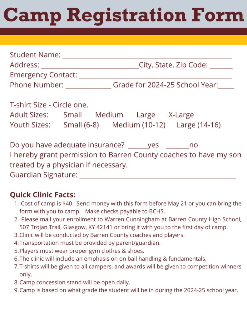 BCHS Trojan Basketball Camp will be held May 28 - May 31. Camps are available to grades k-8. See the registration form for detailed information. #WeareBC