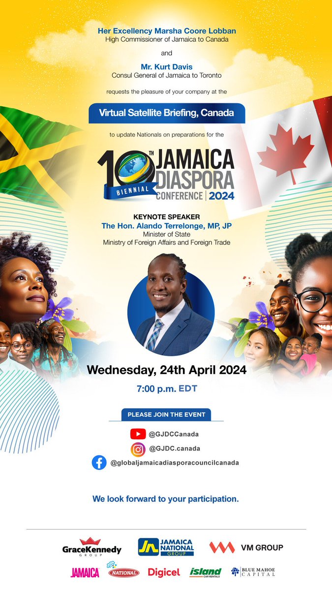 Join us virtually, as we dive into the preparations and details about what's in store for the 10th Biennial Jamaica Diaspora Conference this June in Montego Bay🇯🇲!

Spread the word!

#DiasporaHomecoingJa #JamaicaDiaspora #SatelliteLaunch

@mfaftja @terrelonge2016 @GJDYC_Official