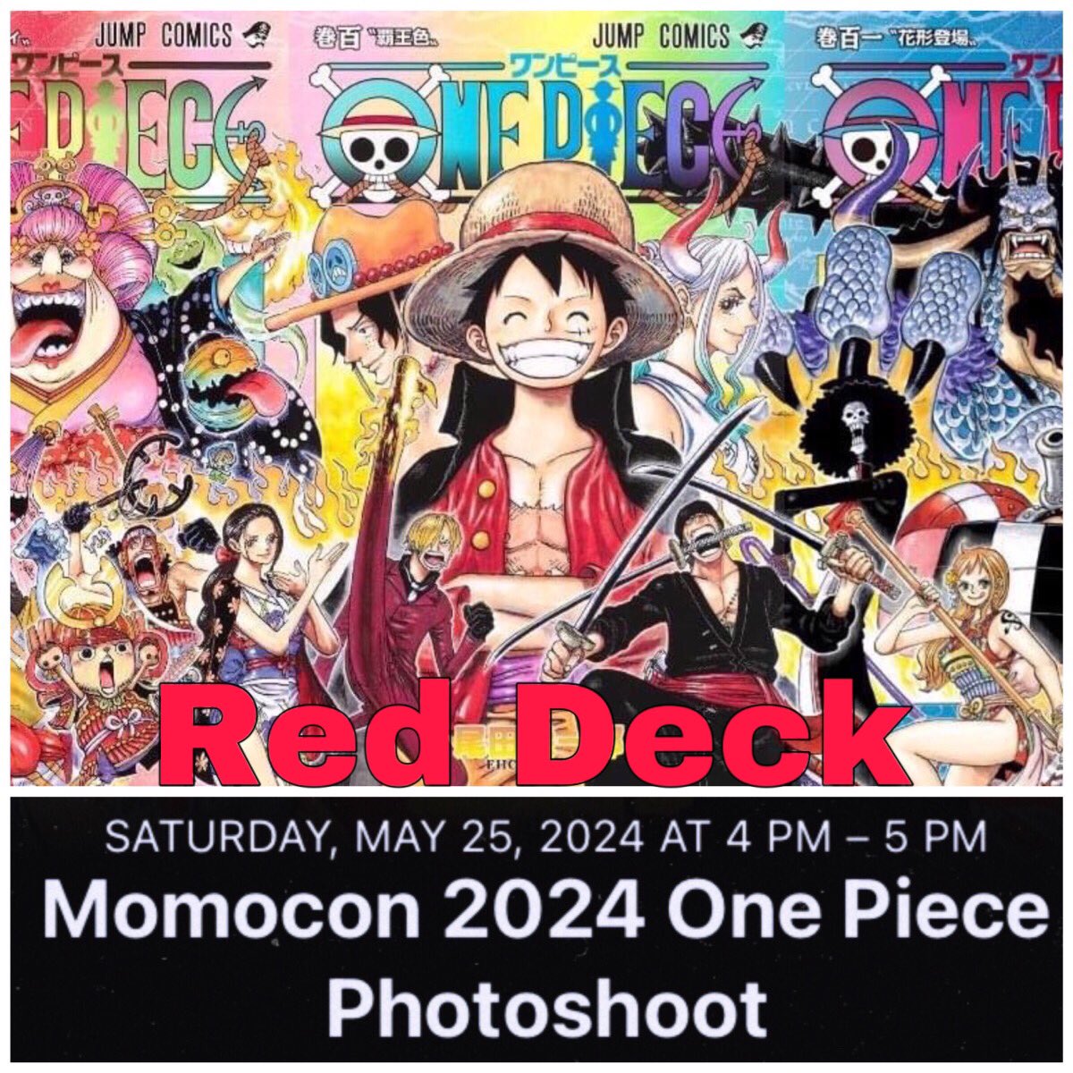 To all who seek the final island on the Grand Line!🏴‍☠️🗺️ @Momocon 2024 One Piece Fan Photoshoot will be on Saturday, May 25th at 4PM until 5PM at the International Plaza (Red Deck Park).