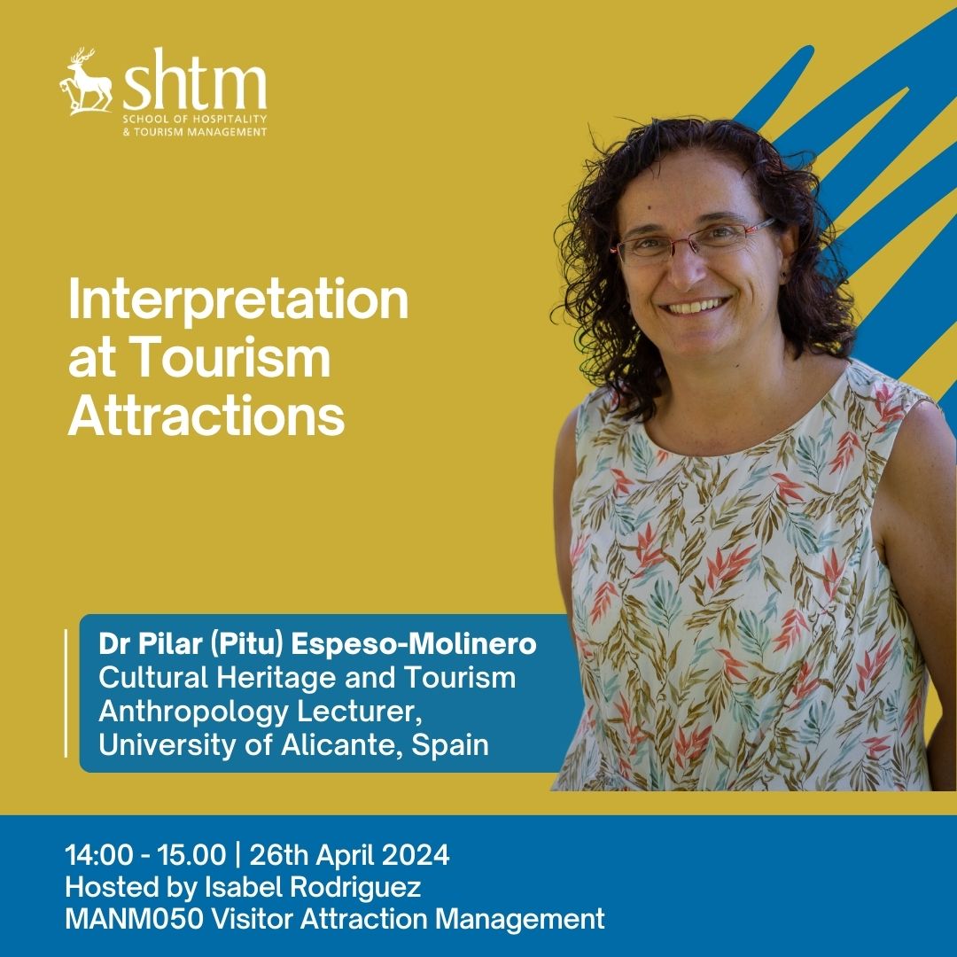 We are pleased to have Dr Pilar Molinero for Visitor Attraction Management module. With her background in cultural heritage and tourism anthropology Dr Molinero will be discussing 'Interpretation at Tourism Attractions'. #TOURISMatSurrey #WonderfulSHTM