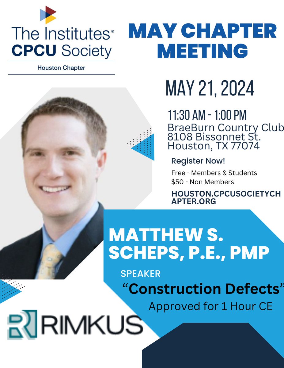 If you need some Continuing Education Credit join us next month.
REGISTER HERE 
houston.cpcusocietychapter.org/meetinginfo.php