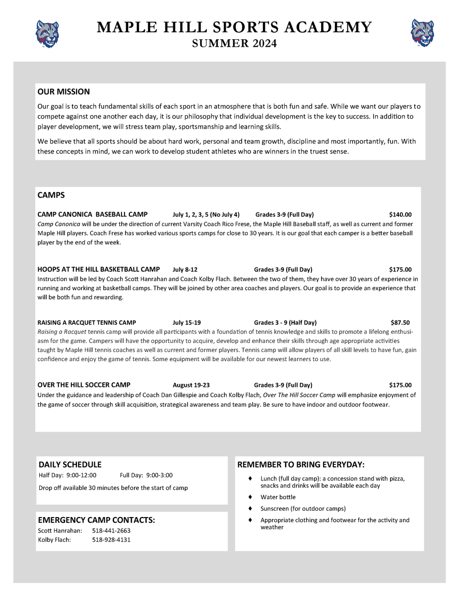 Summer 2024 Maple Hill Sports Academy registration is open for students entering grades 3-9 in September 2024! Programs are overseen by our @MH_Athletics Coaches. Deadline is May 31, registration form & program descriptions on our site @ tinyurl.com/ysmjzzp6