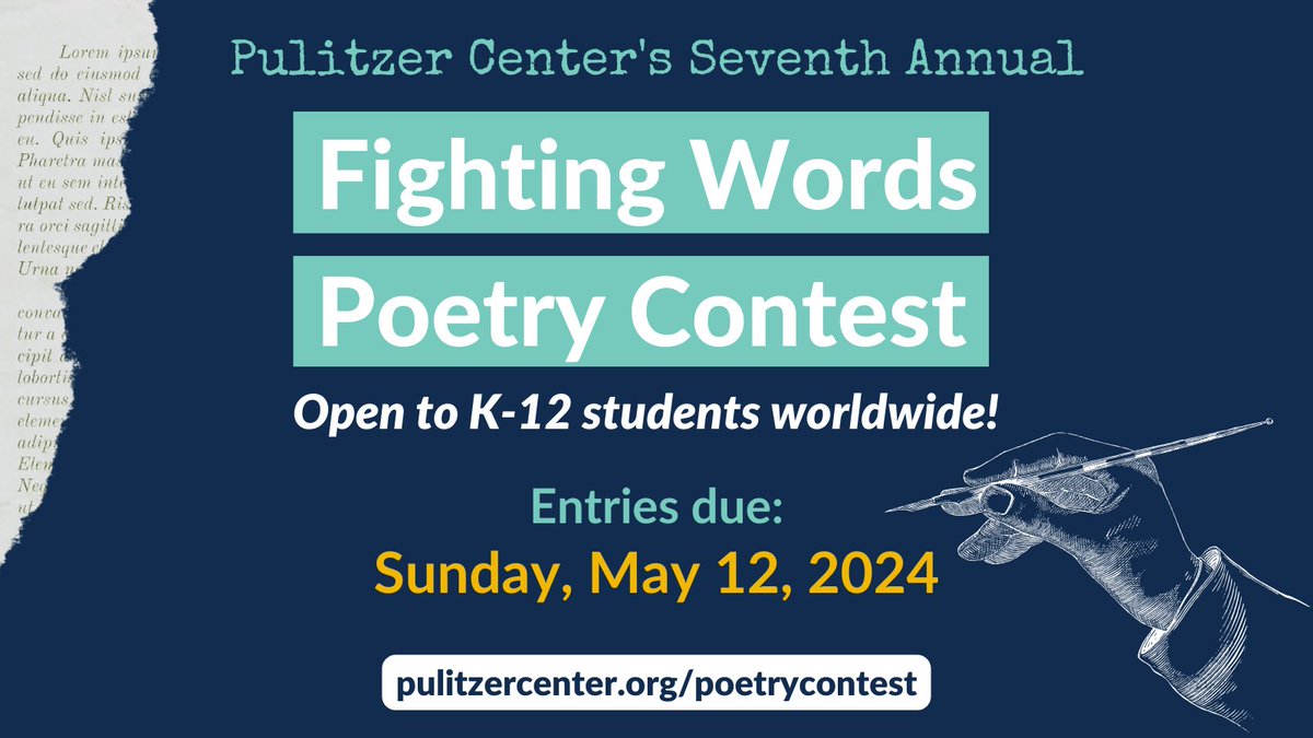 The seventh annual Fighting Words Poetry Contest has arrived! K-12 students worldwide are invited to create works of poetry inspired by Pulitzer Center reporting. Explore full content guidelines at pulitzercenter.org/poetrycontest.