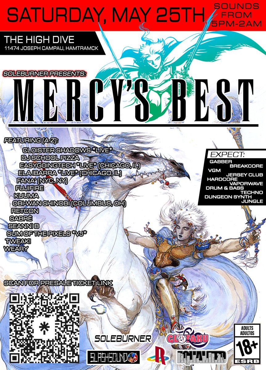 Mercy's Best: A Final Fantasy, Hardcore, Breakcore, Jungle, and Club Kinda Party A Final Fantasy-themed party Movement weekend presented by Soleburner and in association with @GlotakuParty, @ravestationrec, @slshsnd, and Equalized.