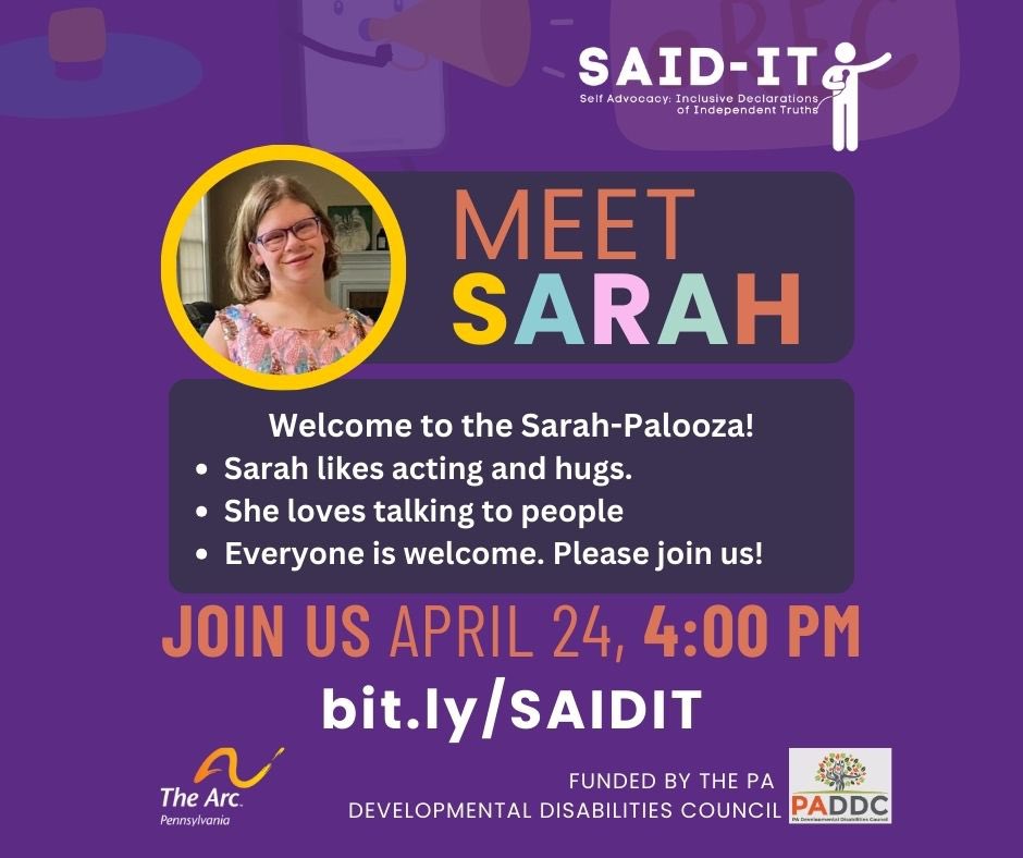 Meet Sarah! Sarah's presentation will focus on Sarah's ideal world, which includes plenty of sparkles, joy, & pink cheetah print! She is one of the incredible students who will be showcased in the SAID-IT presentation on Wed, Apr 24 at 4 pm. Register at bit.ly/SAIDIT.