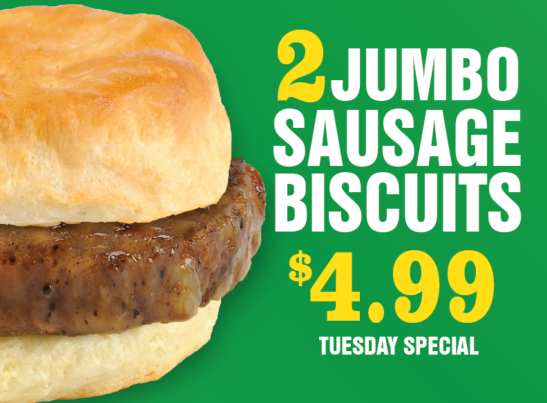 Happy TWOSday! Enjoy 2 of our Jumbo Sausage Biscuits for $4.99 today.

#dodges #dailyspecials #breakfast #breakfasttime