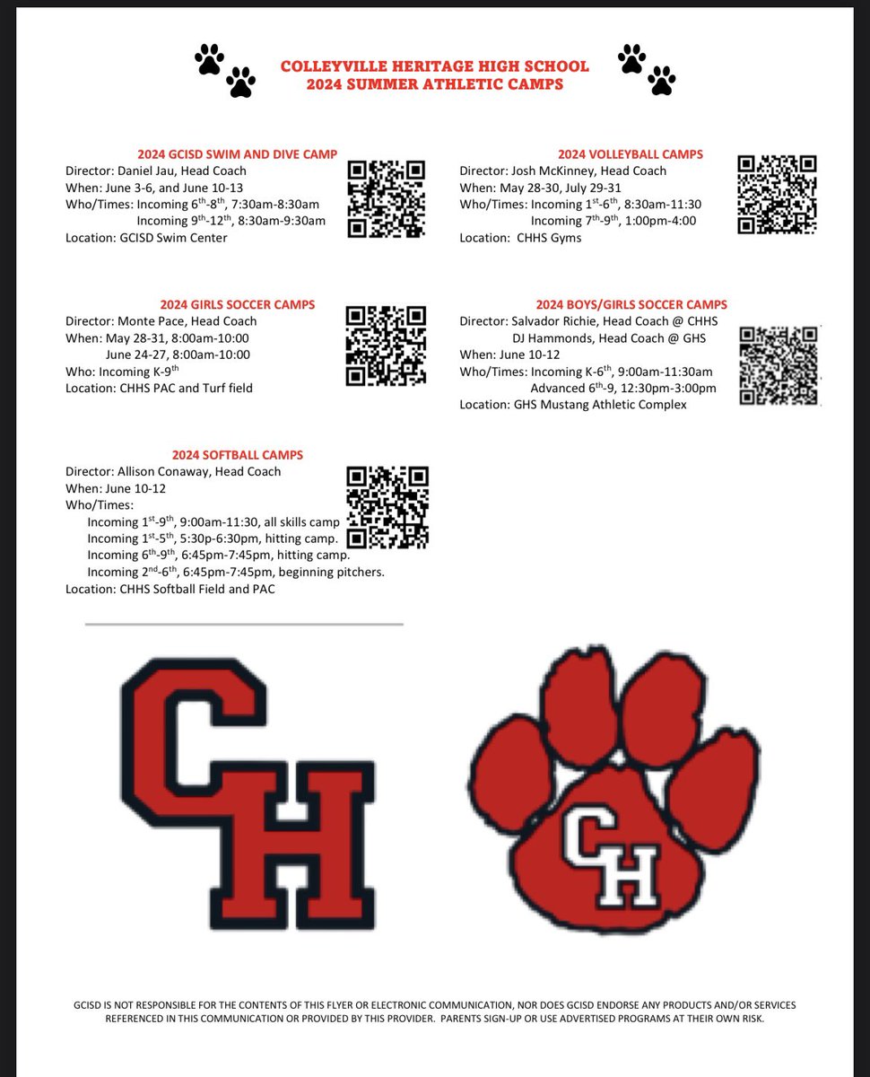 Checkout all CHHS summer camps in one document. Camps are open to ALL kiddos! @GCISD_Athletics @chhspanthers @GCISD