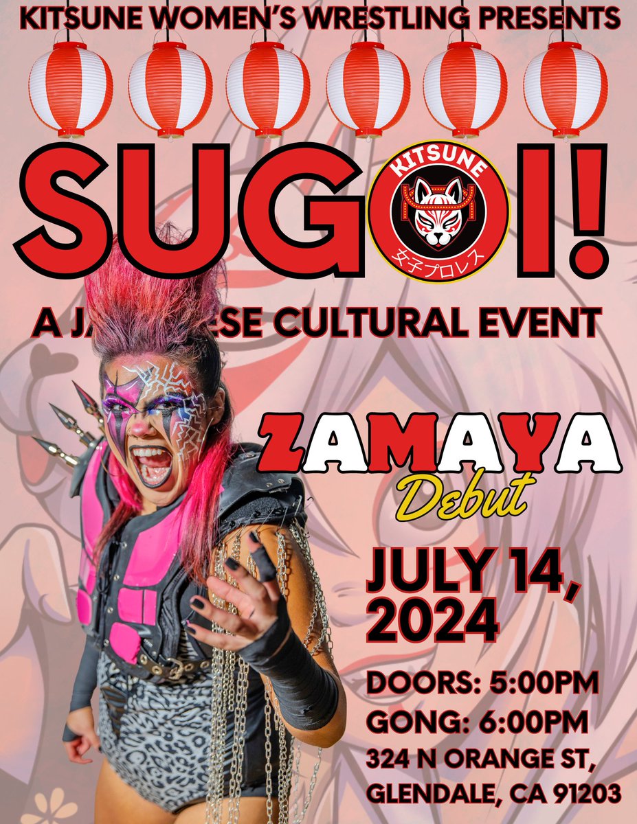 TALENT ANNOUNCEMENT: The first wrestler announced for #SUGOI is @thezamaya! It's been really awesome watching Zamaya tear it up in other promotions. We are thankful Zamaya has agreed to debut for #KitsuneWW on July 14th in Glendale, CA. Ticket information will be announced soon!