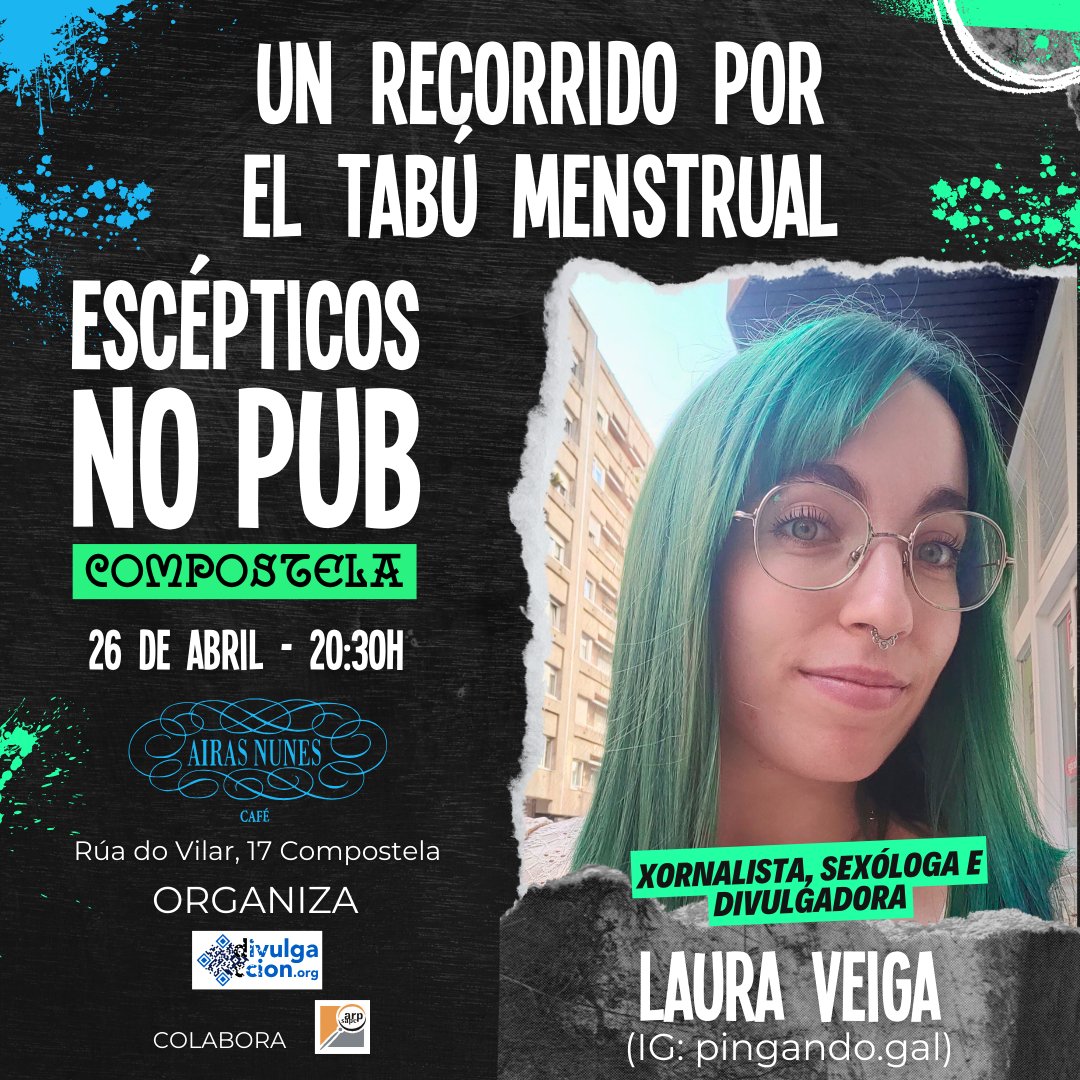 🟢 Este viernes volvemos con la periodista, divulgadora científica y sexóloga Laura Veiga (<a href="/PingandoG/">Pingando_gal</a>) que nos hablará sobre el tabú menstrual en su charla «Un recorrido por el tabú menstrual»

📅 26/04/2024

⏰ 20:30h 

📍 Airas Nunes Café (Rúa do Vilar 17, SCQ)