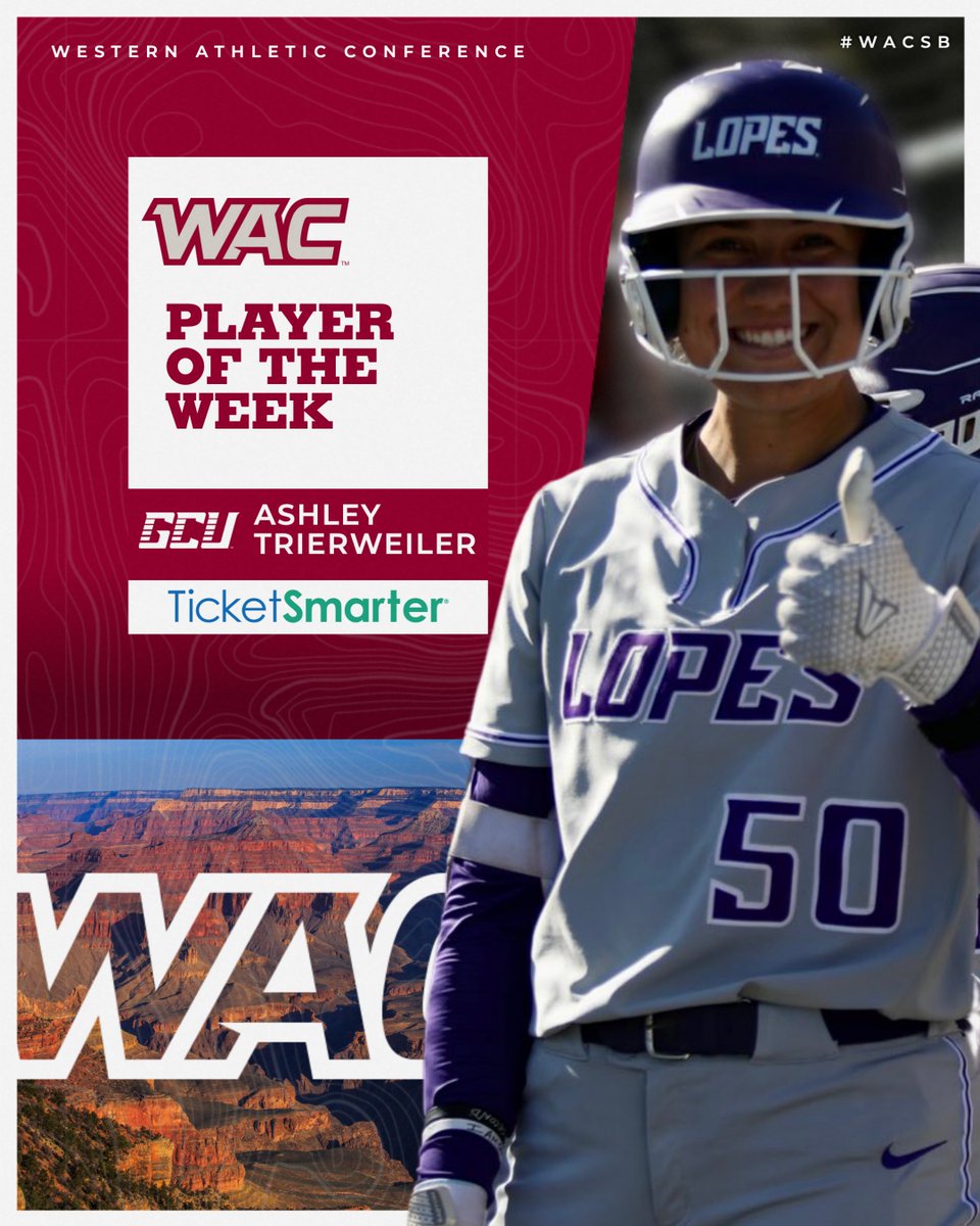 🥎 #WACsb PLAYER OF THE WEEK
presented by @TicketSmarter
@ashleytree50 | @GCU_Softball 

✅ .677 avg
✅ 6 RBI
✅ 29 putouts
🗞️ tinyurl.com/y2ybar5t
#OneWAC