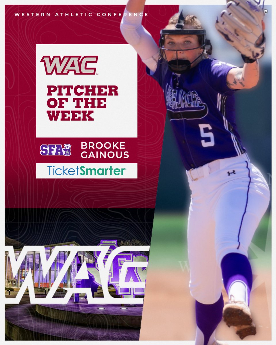 🥎 #WACsb PITCHER OF THE WEEK
presented by @TicketSmarter
@brooke_gainous | @sfa_softball 

✅ Complete game
✅ 0.00 ERA
✅ 3 hits allowed
🗞️ tinyurl.com/y2ybar5t
#OneWAC