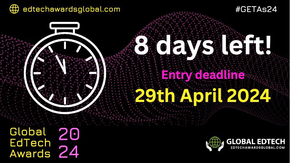 I don’t mean to alarm you, but if you’re thinking of entering the #GETAs24, there are only a few days left! Nominate at edtechawardsglobal.com before the end of 29th April for your chance to share how awesome you are. #education #schools #EdTech #LifetimeAchievement #EduAI