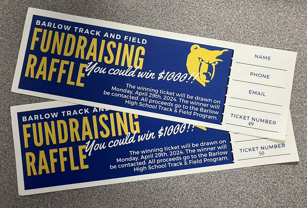 We are in the final days of our Track &amp; Field Raffle. Has a student athlete asked if you are interested yet? If not, here is your chance to win $1000. Tickets are $20 each.
1/3