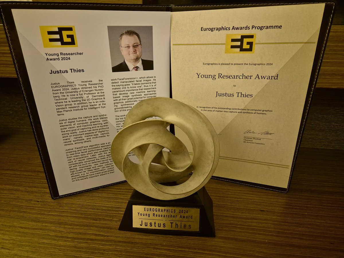 I am very honored that I have received the prestigious #Eurographics2024 Young Researcher Award for my groundbreaking work on digital humans and neural rendering today.

Thanks to all my collaborators, mentors and institutes @TUDarmstadt @MPI_IS for supporting me!