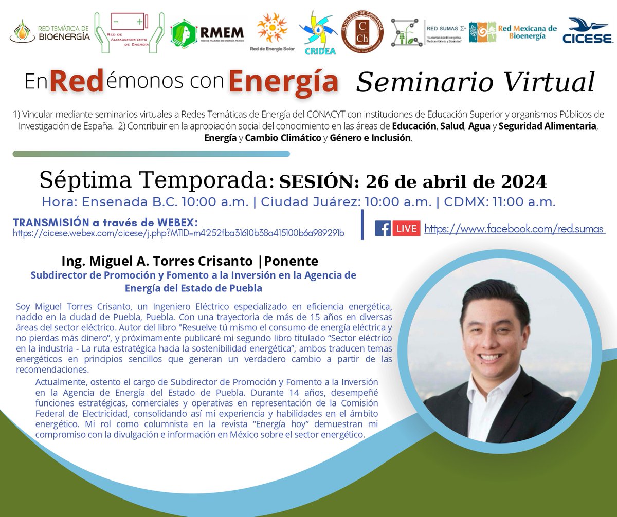 REMBIO_AC's tweet photo. ¡Únete al segundo seminario virtual de la Séptima Temporada de ¡EnRedémonos con Energía!🌿🔋   Viernes 26 de abril, 10:00 a.m. hora Ciudad Juárez Chihuahua | 11:00 a.m. hora Ciudad de México. Accede en: https://t.co/PKj8tj4w7m 
o en vivo en: https://t.co/SSxAhMjpCg #CONACYT https://t.co/ZMrJXow112