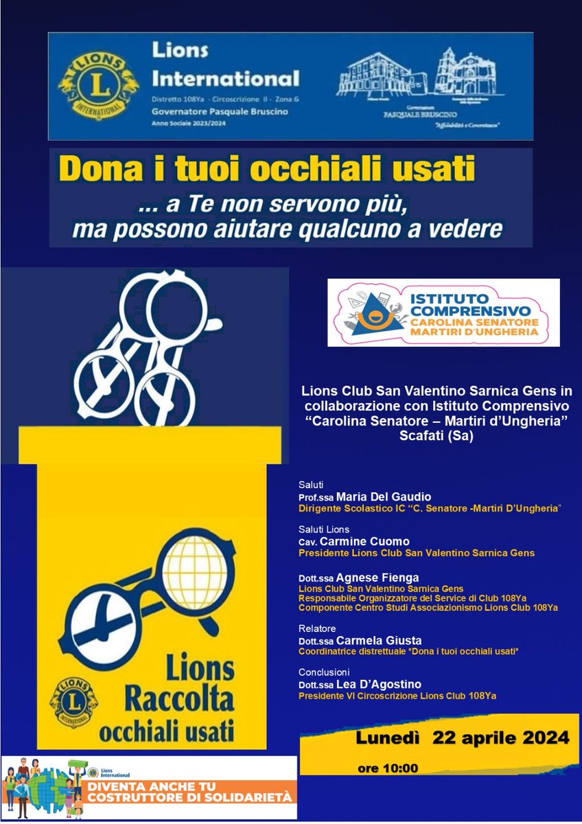 Si è appena conclusa la Raccolta degli #occhiali usati per i #piùbisognosi a cura del LC #SanValentinoSarnicaGens a #Scafati.
... A te non servono più, 🕶️👓 ma noi Lions possiamo provvedere al #ripristino e alla #donazione.
#WeServe #affidabilitàeconcretezza