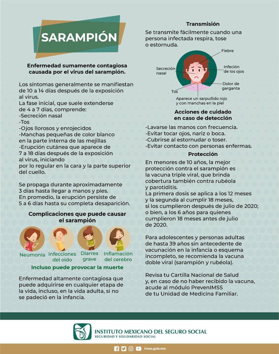 #Sarampión | Se transmite fácilmente cuando una persona infectada respira, tose o estornuda. Revisa tu Cartilla Nacional de Salud y, en caso de no haber recibido la vacuna, acude a tu módulo #PrevenIMSS en tu Unidad de Medicina Familiar.