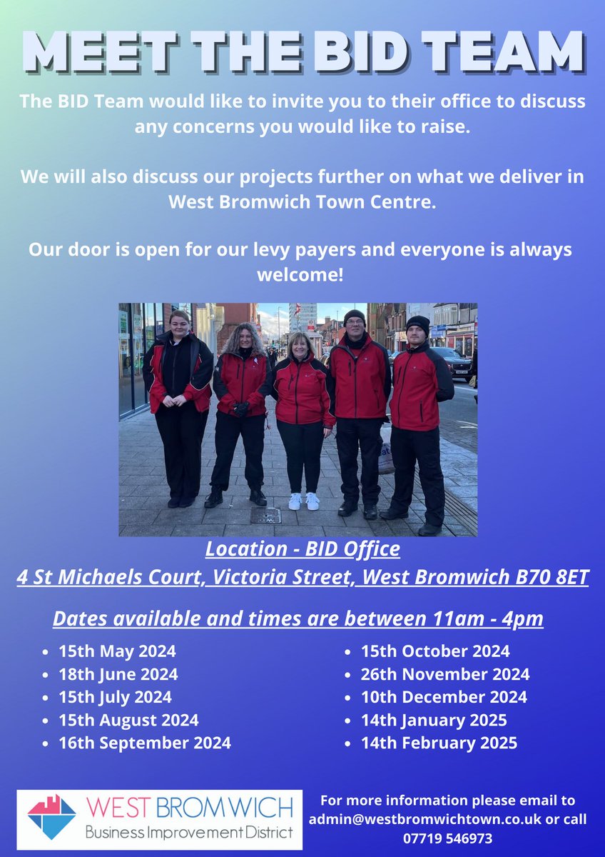 Come and meet the BID Team ! Our first date is 15th May 2024 11am to 4pm. We have dates available for the rest of the year. Come and discuss any concerns you have and find out more about our projects in West Bromwich Town.