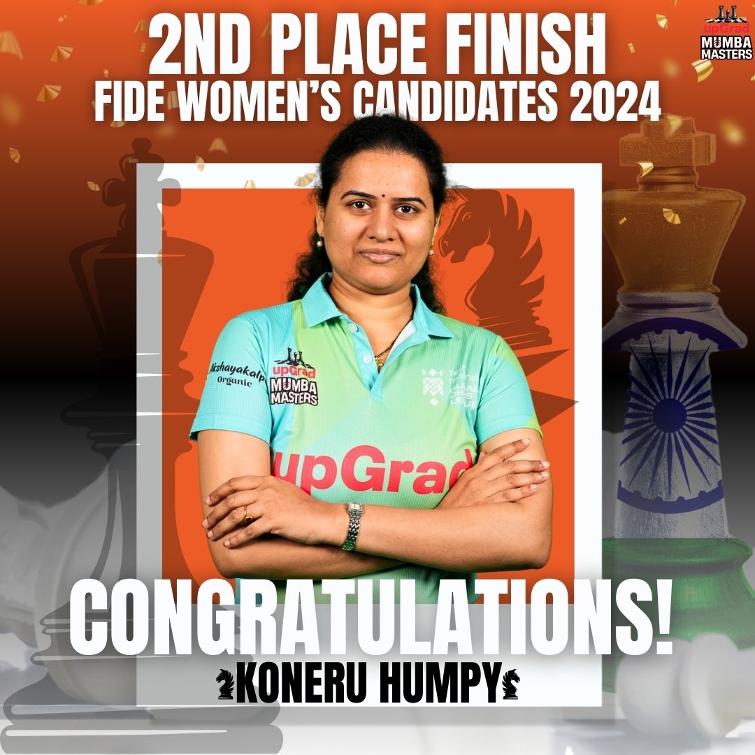 Our Mumba Master Koneru Humpy shines as she secures joint second in the FIDE Candidates 2024, leading the charge for Indian women in chess.🏆♟️ #UMumba | #upGradMumbaMasters @suhailchandhok | @RonnieScrewvala