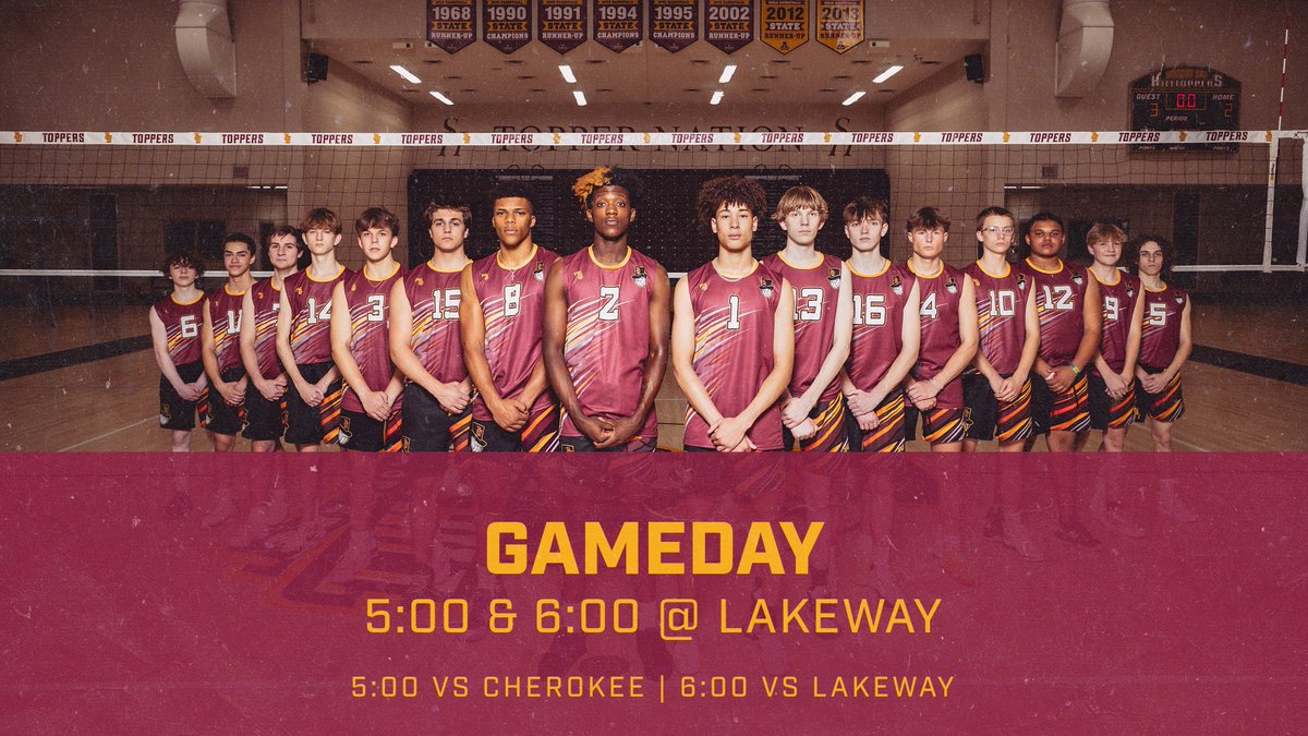 ‼️GAMEDAY‼️
•
•
📍Lakeway 
⏰5:00 vs Cherokee | 6:00 vs Lakeway
•
•
#toppervolleyball #tfl #gotoppers #mensvolleyball #tssaa #shhs