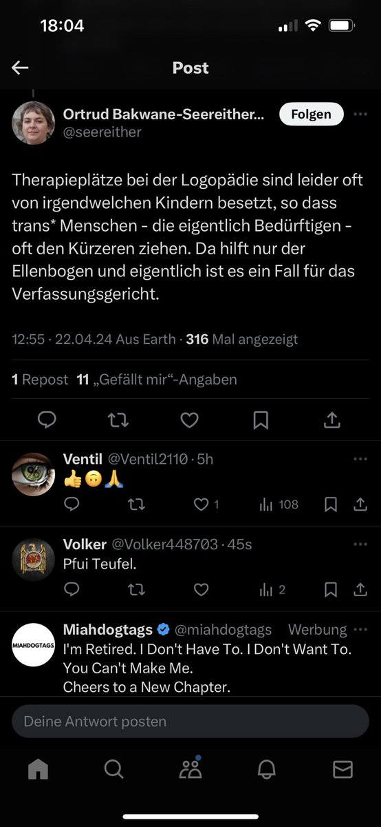 @JankaKluge @Gentelmanlike @EinfachMarie_ Und dann kommt noch sowas da könntest echt 🤮 denn „irgendwelche“ Kinder, die wirklich nicht reden können haben rare Logopäden Termine offensichtlich nicht verdient weil Transmenschen ja immer vorgehen -ES IST SOOO WIDERLICH  & da hilft nur Ellenbogen und Klage GEGEN KINDER