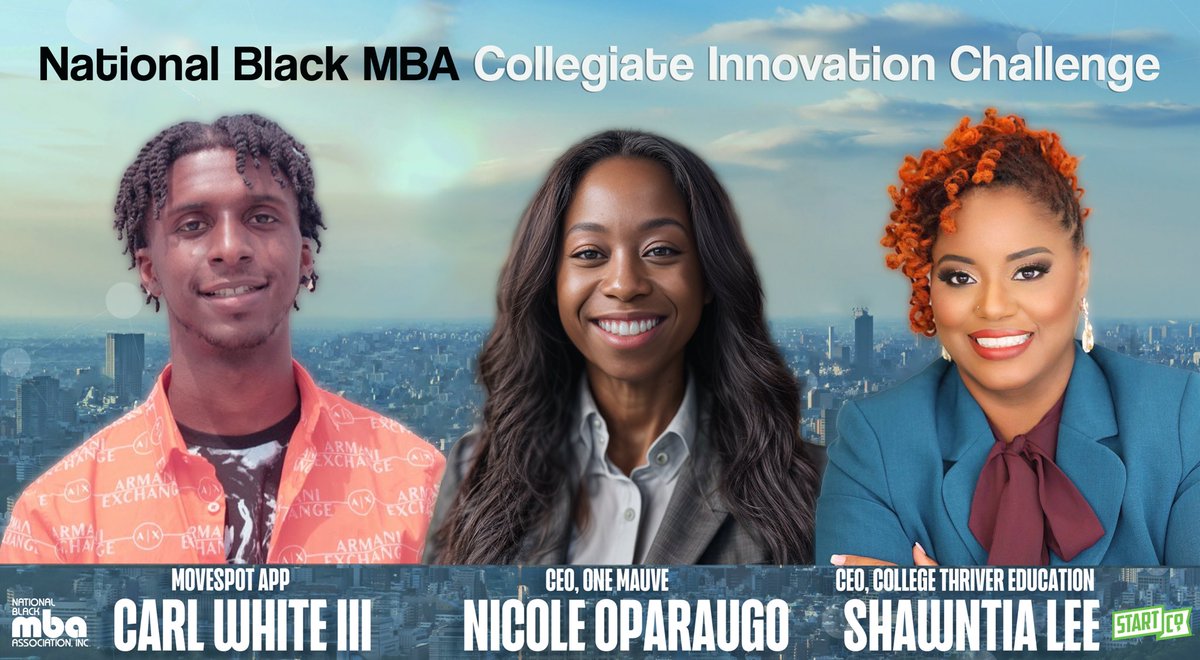 Excited to introduce our powerhouse presenters for the National Black MBA’s Collegiate Innovation Challenge! 💼

#NBMBAA #TheBlackMBA #NBMBAACIC #Innovation #collegiate #InnovationChallenge #DiversityInTech #CollegiateInnovationChallenge #BlackExcellence