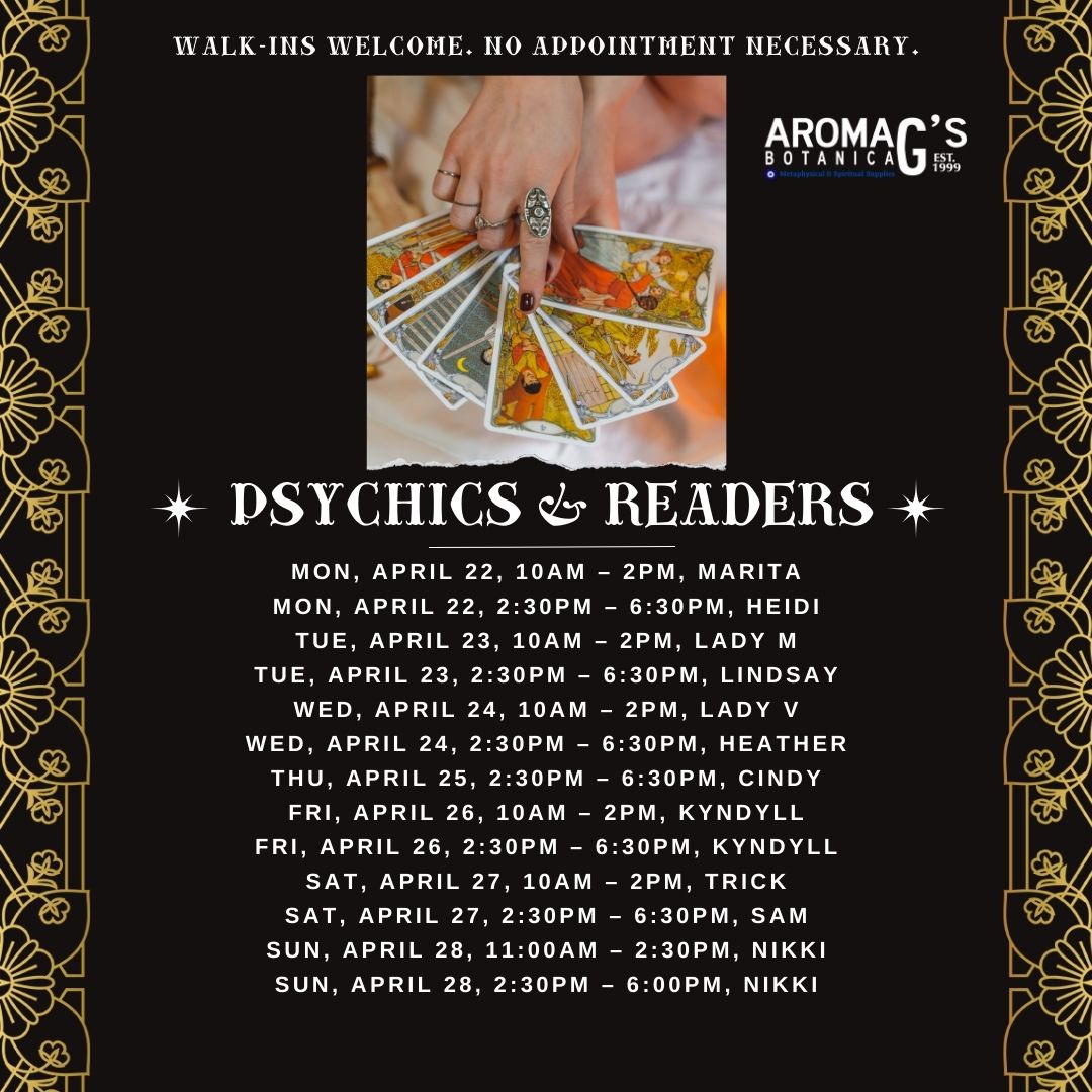 In-store readings calendar:
aromags.com/psychic-tarot-…

#TarotReaders #Psychics #MetaphysicalShop #MetaphysicalStore #OracleCards #Divination #Cartomancy #TarotReadings #PsychicReadings #AromaGBotanica #DivineDestiny #UnlockTheMysteries