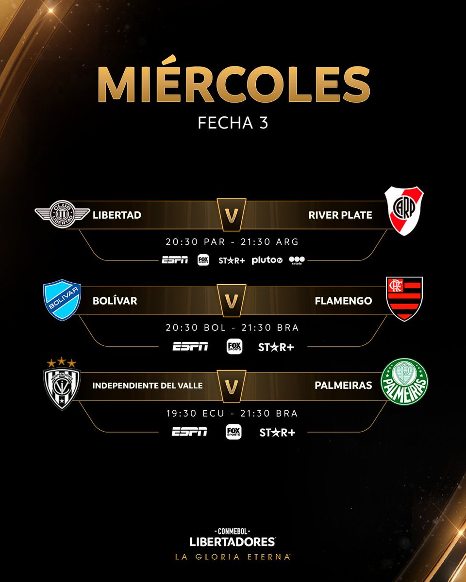 🤩🔥 Continua la fecha 3️⃣ de la CONMEBOL #Libertadores 🏆 📅 Los partidos de este miércoles de la Fase de Grupos. #GloriaEterna