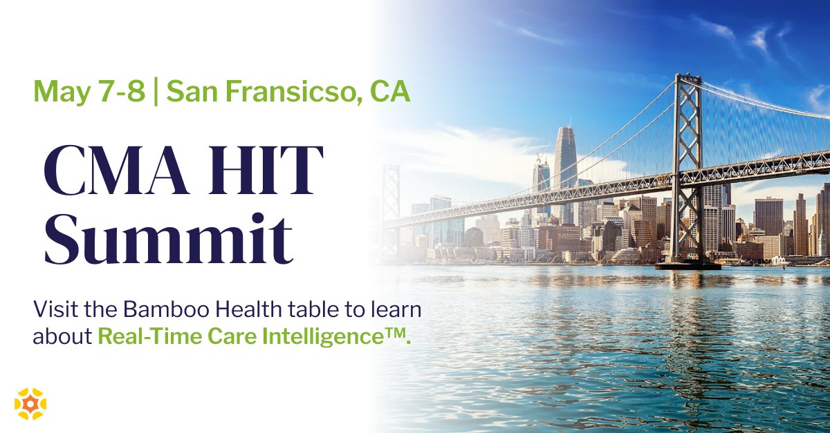 Join us in San Francisco May 7-8 for @CMAdocs HIT Summit! Meet the team and learn how our suite of solutions can help your organization reduce risk, lower costs and make whole person care a reality. Visit bit.ly/44lngyt to schedule a meeting. #WeAreBambooHealth