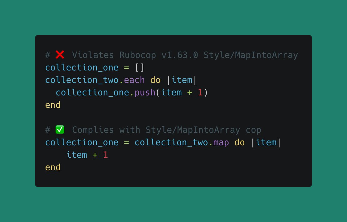 🚨 New RuboCop update! 🚔 Say goodbye to loops for collection manipulation. Embrace array methods like `#map`, `#select`, `#reject` & more. Keep your #Ruby code clean and efficient! 💎 #DevTips #CleanCode