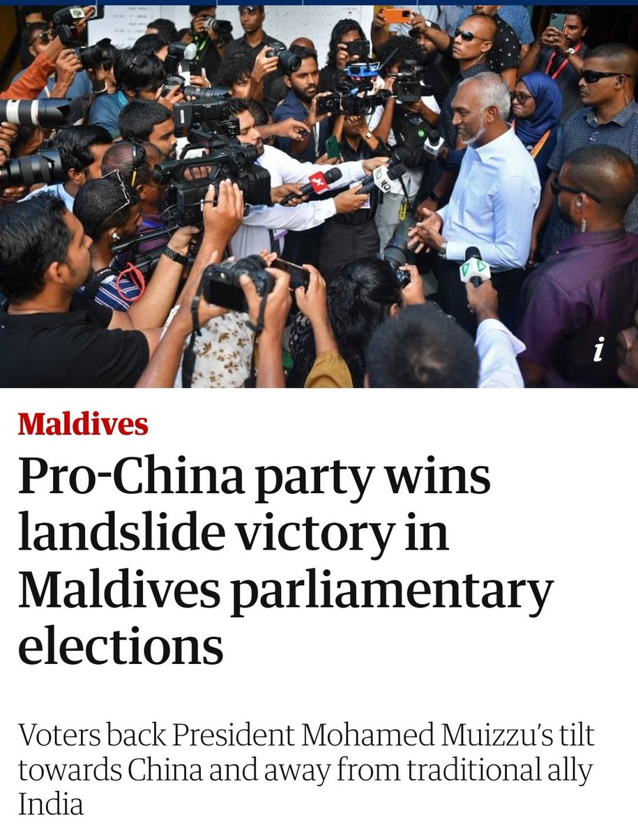 मालदीव में हुए पार्लियामेंट्री इलेक्शन में मोइज्जु को मिले प्रचंड वोट से ये जाहिर होता है की भारत कितना भी चावल, आटा, दाल,अंडे भेज ले कट्टर इस्लामिक देश की जनता को एंटी इंडिया सेंटीमेंट को ही सपोर्ट करेगी ।
#Maldives 
#MaldivesElection 
#Boycott_Maldives