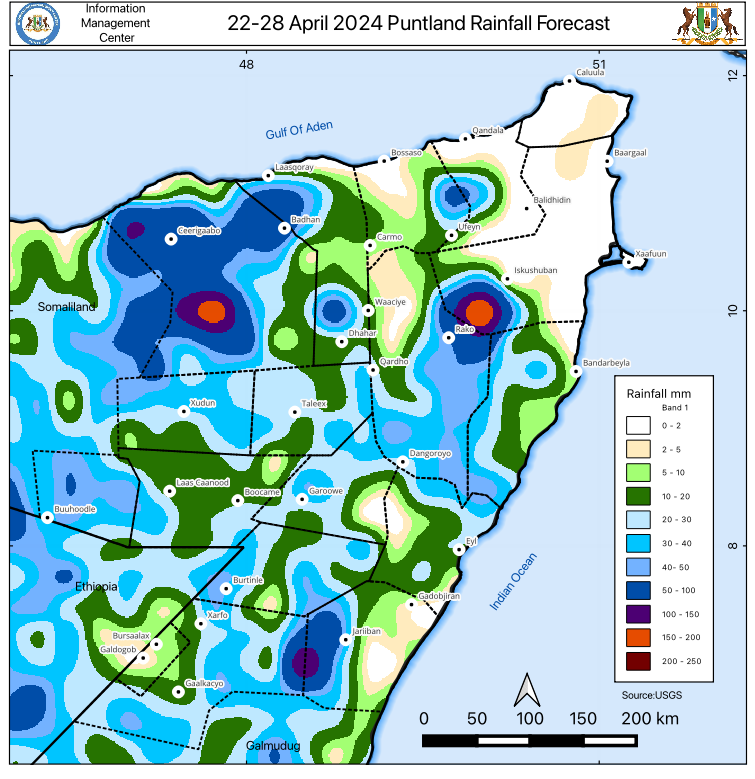 🌧️ Here is Putland's seven-day cumulative rainfall forecast from 22 - 28 April 2024. #Puntland #Imc_Puntland