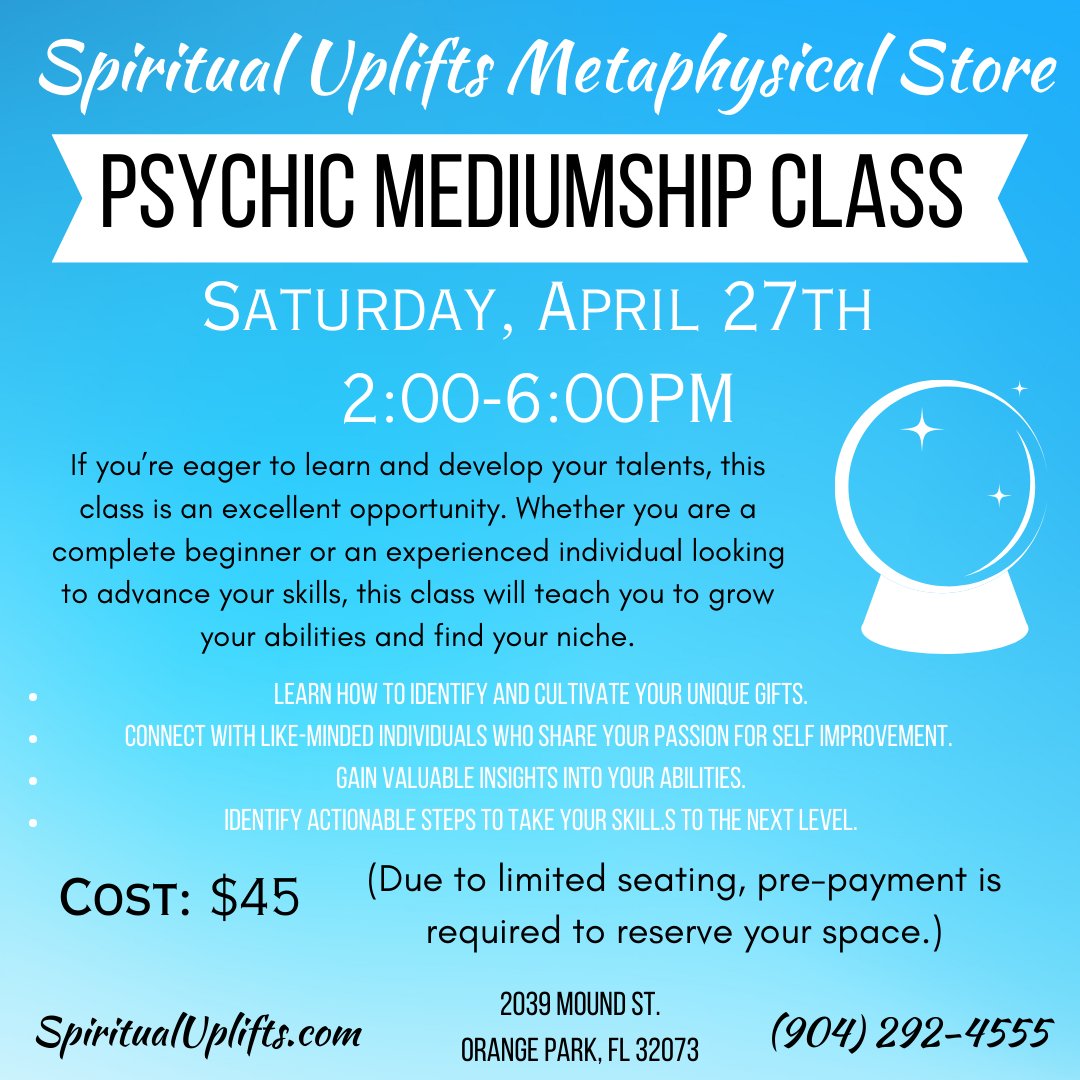 Our 'Psychic Mediumship Class' is this week! Call now to sign-up and reserve your spot for this Saturday. #mediumship #metaphysicalstore #psychic #spiritual #spirituality #healing