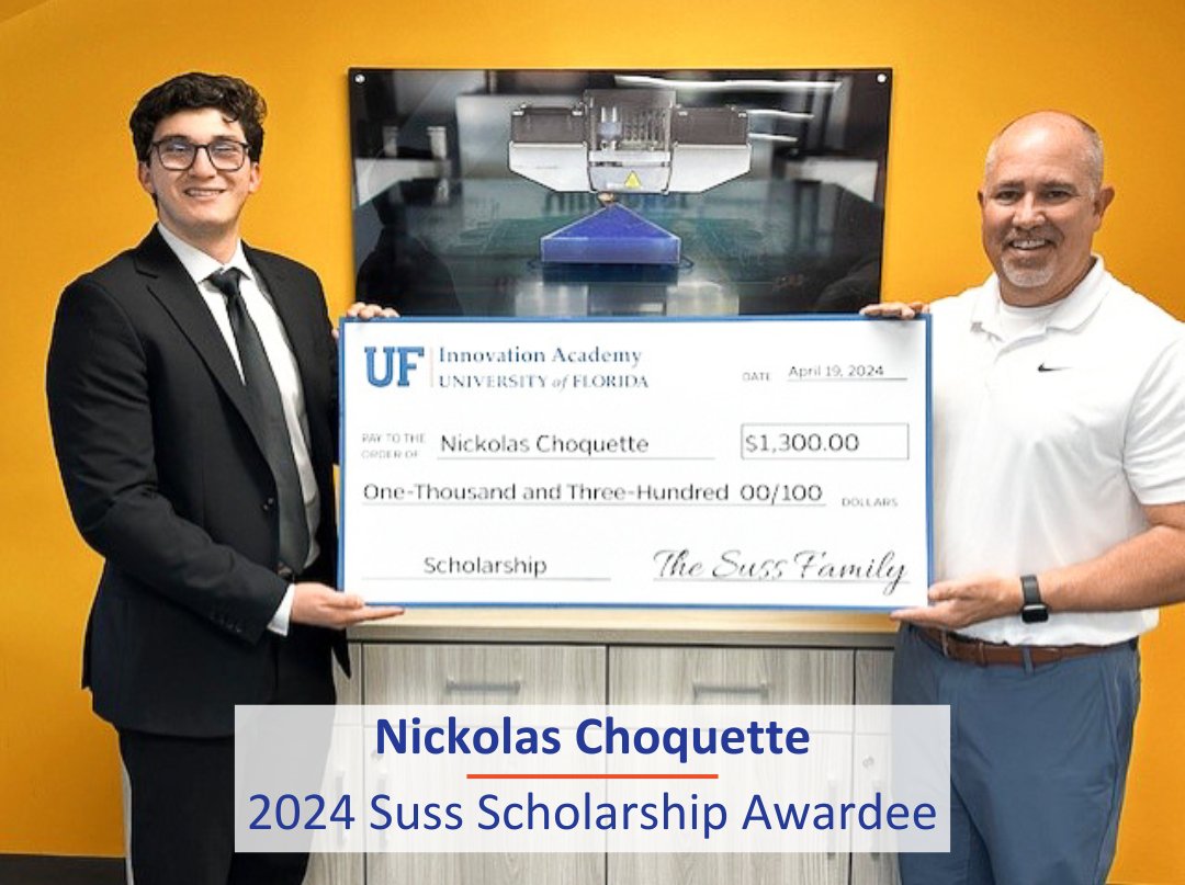 The Innovation Academy is delighted to announce Nickolas Choquette as the recipient of the 2024 Suss Scholarship!

IA congratulates Nickolas's achievement and looks forward to his continued success in his academic and professional journey!

#InnovationGator #UFInnovationAcademy