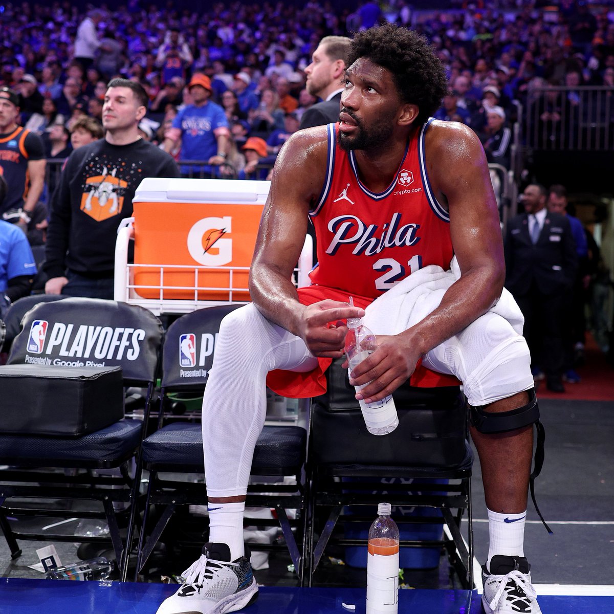 Giglio: 'I understand he's not 100%, but that's the story of every postseason...He had 8 rebs in 37 mins. In 4th he was 0-5 FG, 0-2 3P w/ 0 rebs. '9 straight playoff games he has shot under 50%. Is it too much to ask for Embiid to be the MVP of the regular season in playoffs?'