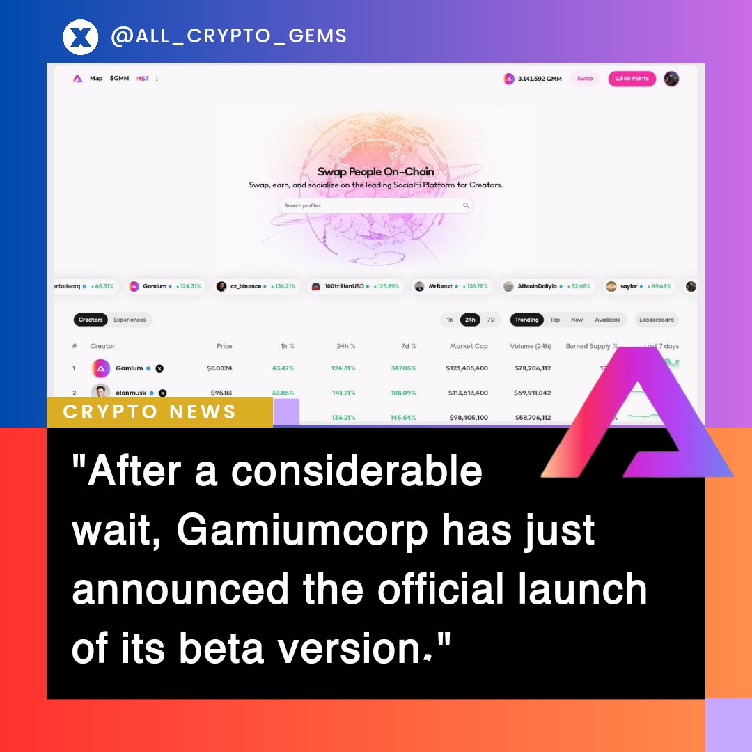🔥IT'S OFFICIAL🔥

After a long wait, @Gamiumcorp has just ANNOUNCED the OFFICIAL launch of its Beta 🚀💥

A monumental step for the project aiming to revolutionize the industry, introducing a new key element, the #MSTs 👀

ERC20 tokens for the people, created by all and for all,