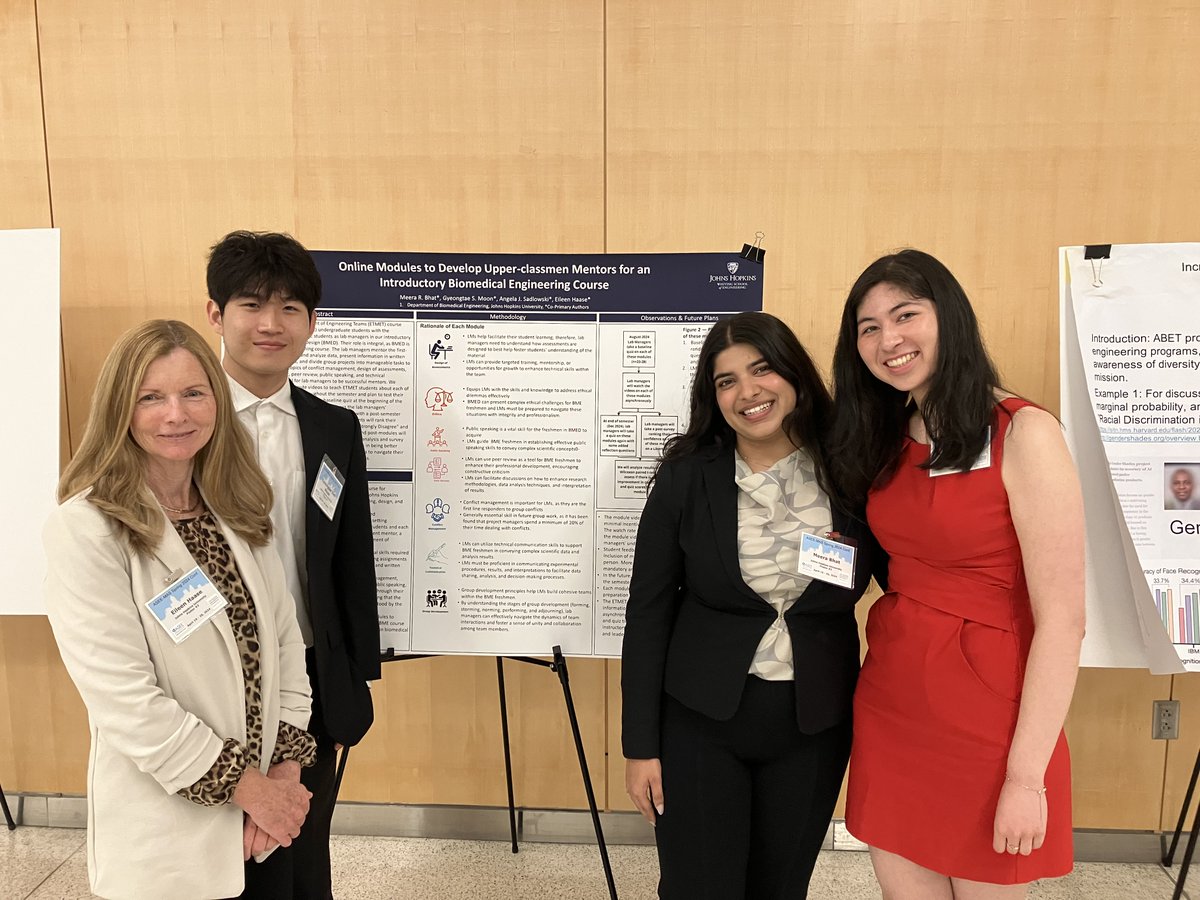 Eileen Haase and #HopkinsBME juniors Sun Moon, Angela Sadlowski, and Meera Bhat presented “Online Modules to Develop Upper-classmen Mentors for an Introductory Biomedical Engineering Course” at the ASEE 2024 Spring Conference at George Washington University.