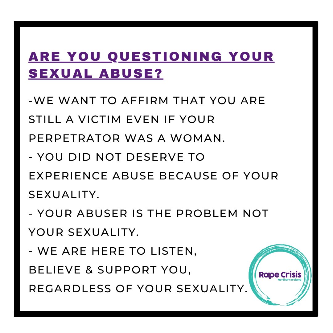 Today marks 'Lesbian visibility week', we aim to empower & support all survivors, not just heterosexual ones. 

Every victim deserves their story to be validated, listened to, believed & supported- regardless of the gender of their perpetrator or their sexuality.

#yournotalone
