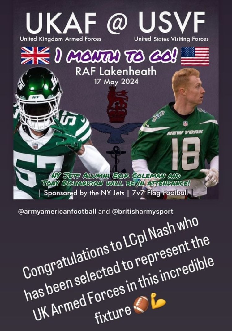 Congratulations to LCpl Nash who has been selected to represent the 🇬🇧 Armed Forces in American Football against 🇺🇸 Visiting Forces! 🏈