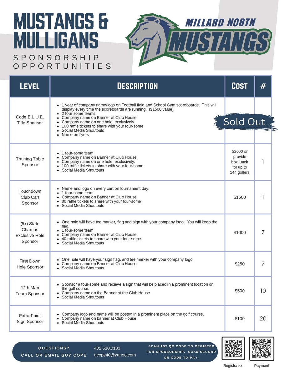 We are excited to announce that Eric Crouch will be at the 1st Annual Mustangs & Mulligans Golf Tournament! Come support @MillardNorthFB , grab an autograph, and WIN some prizes! SPONSORSHIPS NEEDED! No time to waste, hurry before spots fill up! #CodeBLUE @MillardNorthMBC